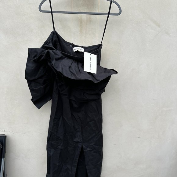 Mara Hoffman Valeria Off Shoulder Midi-Dress Black Structural Floral Accent Sz 0 - Picture 6 of 10